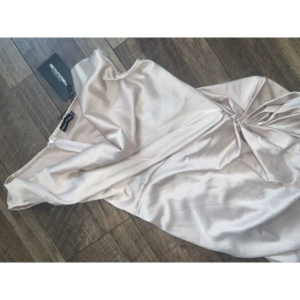 Pretty Little Thing Satin Off The Shoulder Draped Dress Nwt 78$ formal 10 fall - Picture 10 of 11